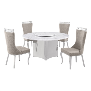 Best Quality Furniture 5 Piece White Marble Dining Set with Stainless Steel Base