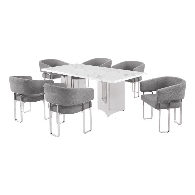 Best Quality Furniture 7 Piece White Marble Dining Set with Stainless Steel Base