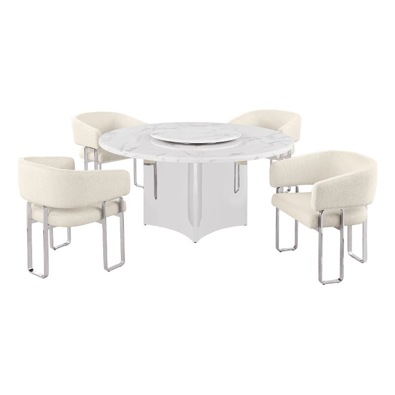 Best Quality Furniture 5 Piece White Marble Dining Set with Stainless Steel Base