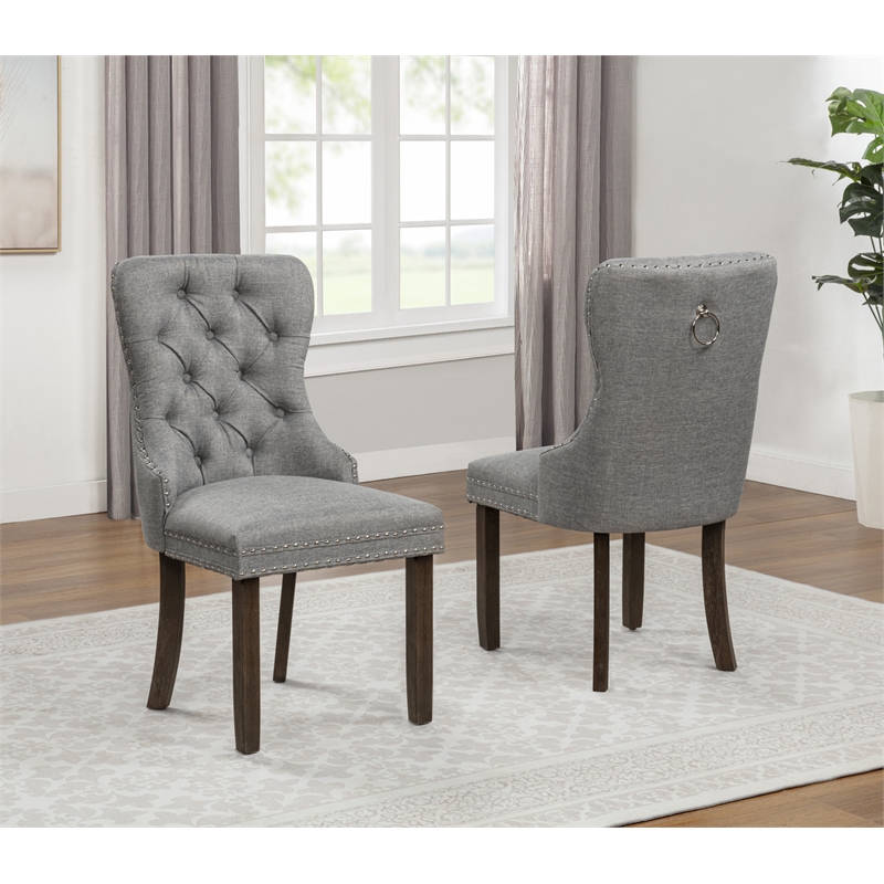 Best Quality Furniture Set of 2 Classic Dining Chairs with Gray Linen Fabric