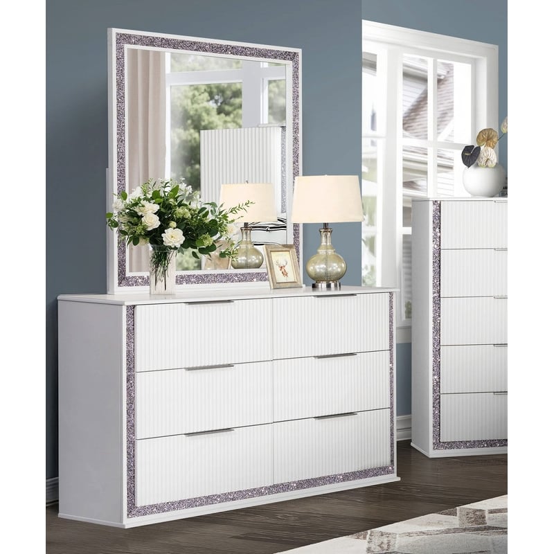 Best Quality Furniture White Wood Glam 6 Drawer Dresser with Glitter Trim