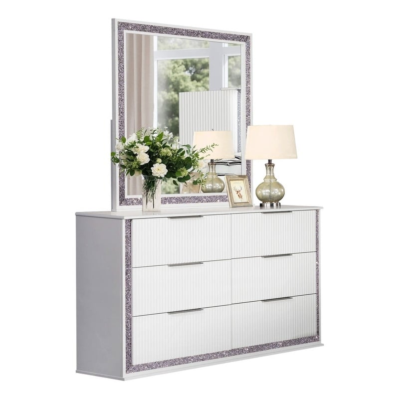 Best Quality Furniture White Wood Glam 6 Drawer Dresser with Glitter Trim