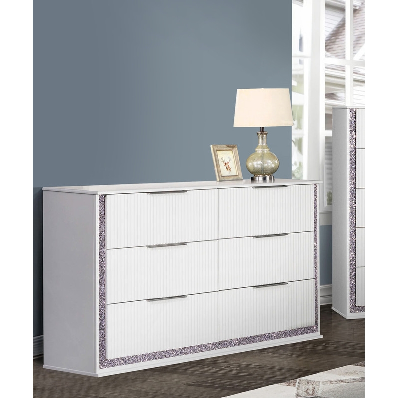 Best Quality Furniture White Wood Glam 6 Drawer Dresser with Glitter Trim