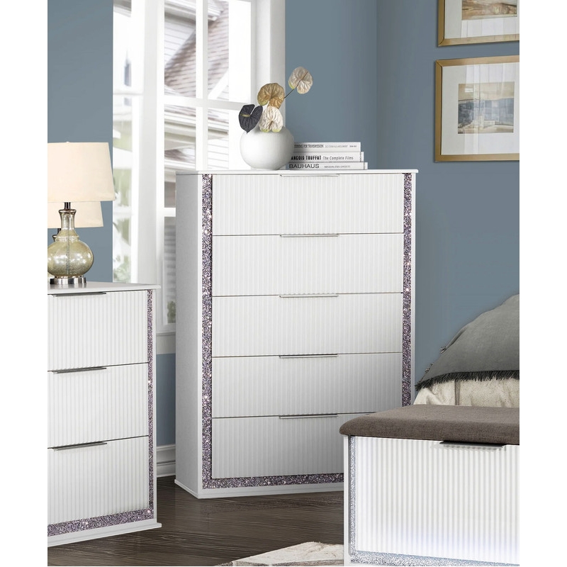 Best Quality Furniture White Wood Glam Chest of Drawers with Glitter Trim