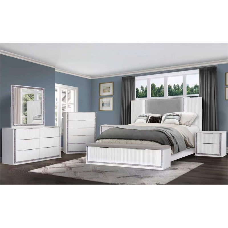 Best Quality Furniture White Wood King Platform Bed with LED Lights and Storage