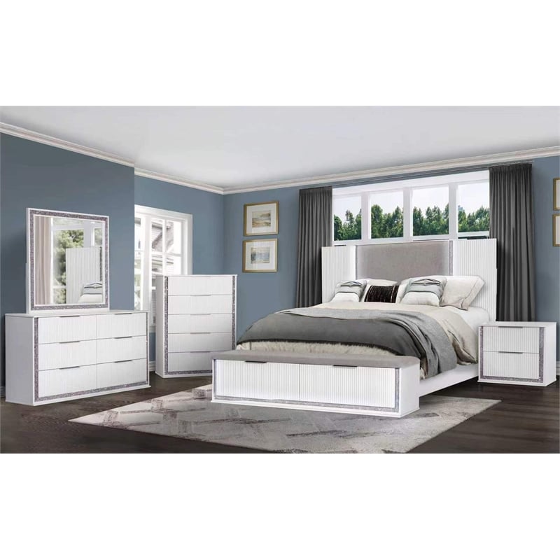 Best Quality Furniture White Wood King Platform Bed with LED Lights and Storage