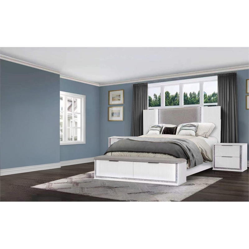 Best Quality Furniture White Wood King Platform Bed with LED Lights and Storage