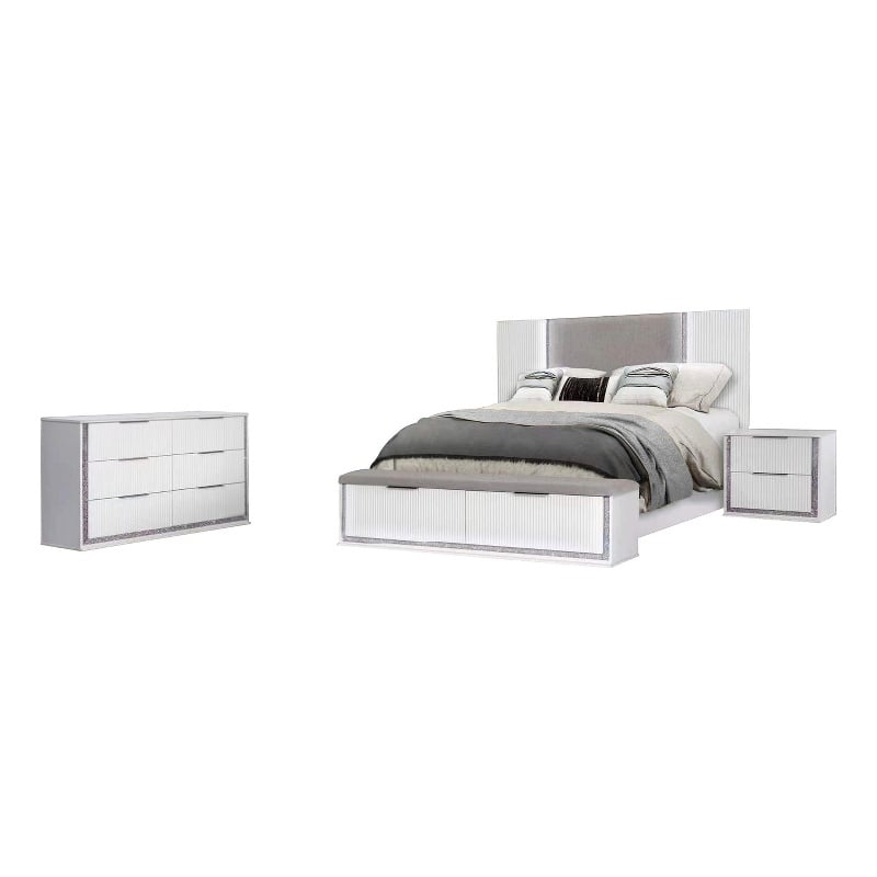 Best Quality Furniture White Wood Queen Platform Bed with LED Lights and Storage