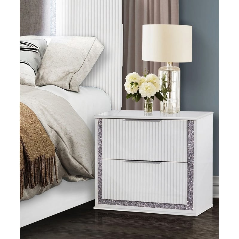 Best Quality Furniture White Wood Glam Nightstand with Glitter Trim