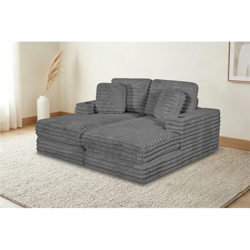 Best Quality Furniture Dark Gray Fluffy Fabric Compressed 2 Piece Double Chaise