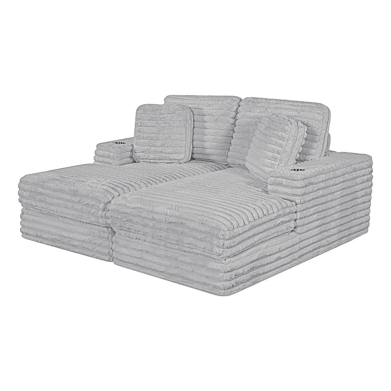 Best Quality Furniture Light Gray Fluffy Fabric Compressed 2 Piece Double Chaise