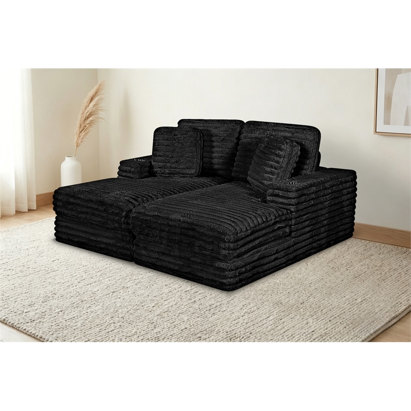 Best Quality Furniture Black Fluffy Fabric Compressed 2 Piece Double Chaise