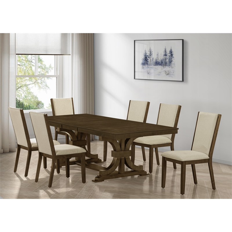 Best Quality Furniture 7 Piece Extendable Dining Set in Deep Brown Wood