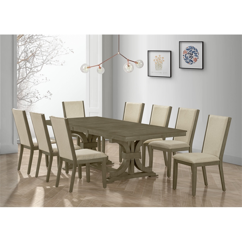 Best Quality Furniture 9 Piece Extendable Dining Set in Light Ash Brown Wood