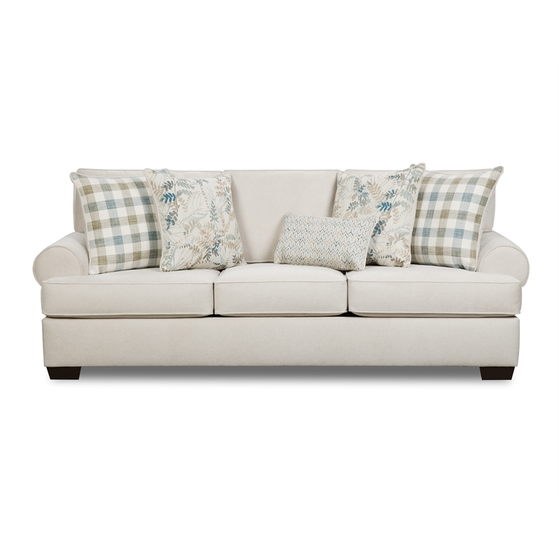 Traditional Chilmark Fabric Cream Color Round Arm Sofa With Pillows