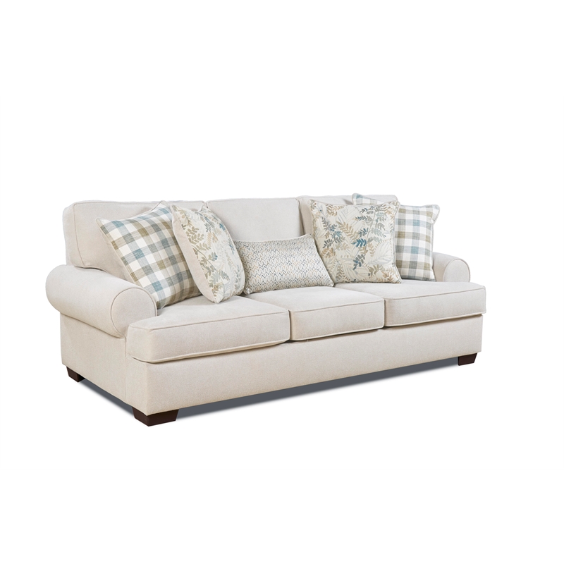 Traditional Chilmark Fabric Cream Color Round Arm Sofa With Pillows