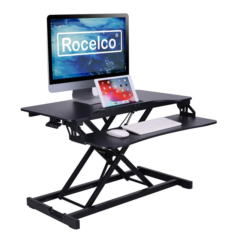 Rocelco Standing Desk Converter 31.5 in Dual Monitor Riser w/Tablet Mount Black