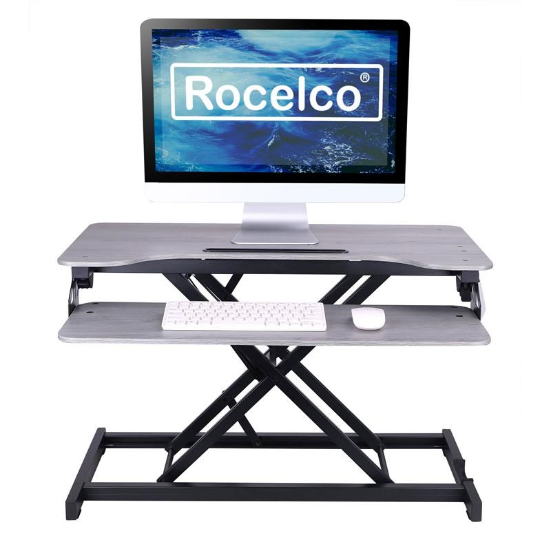 Rocelco Standing Desk Converter 31.5 in Dual Monitor Riser w/Tablet Mount Gray