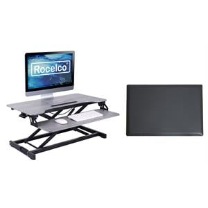 Rocelco Standing Desk Converter & Floor Mat 31.5 Inch Riser w/Tablet Mount Gray