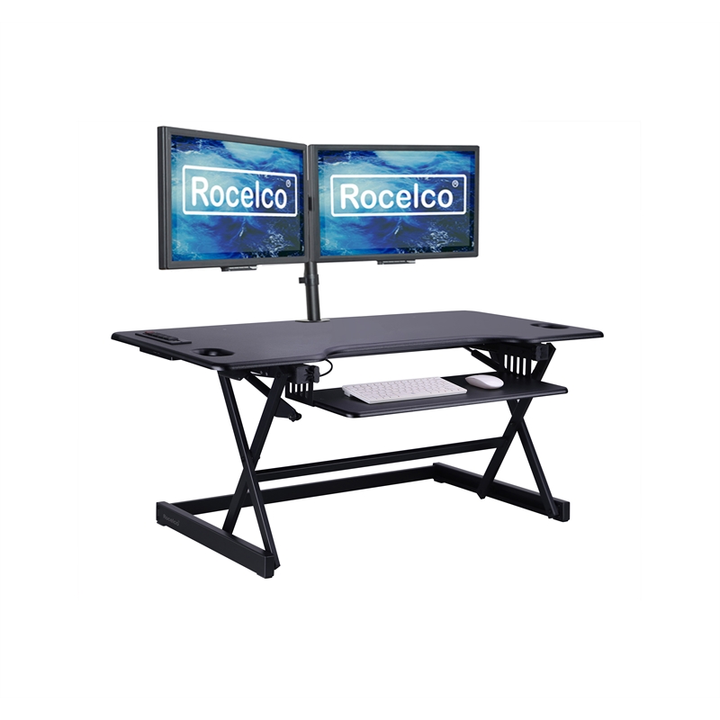 Rocelco 46in Adjustable Standing Desk Converter Double Monitor Arm BUNDLE Black