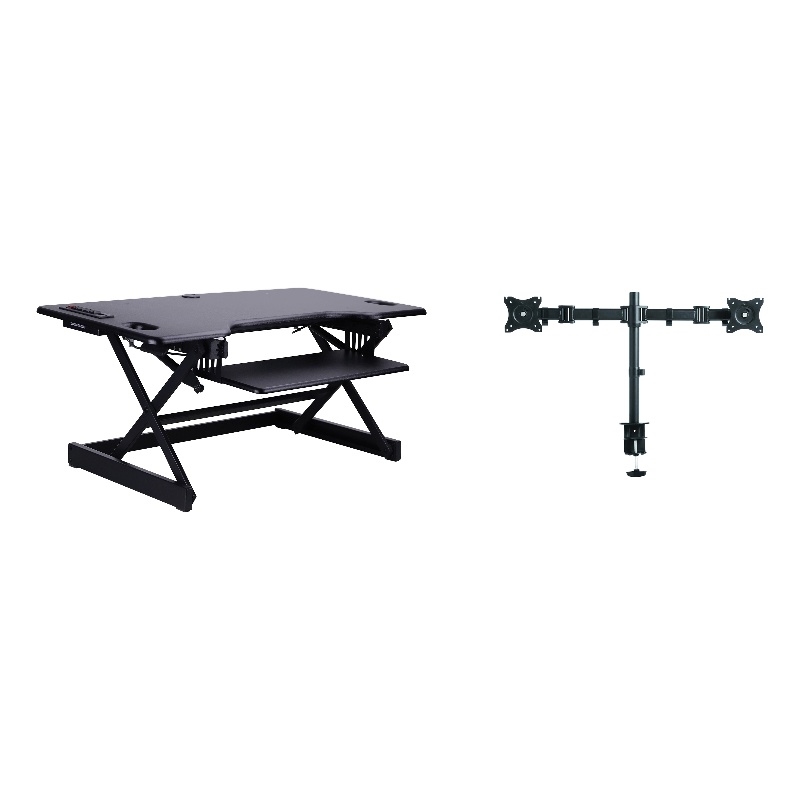 Rocelco 46in Adjustable Standing Desk Converter Double Monitor Arm BUNDLE Black
