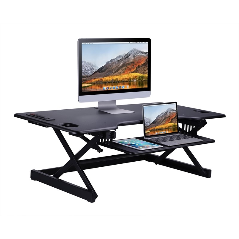 Rocelco 46in Adjustable Standing Desk Converter Double Monitor Arm BUNDLE Black