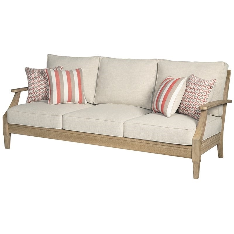 Afuera Living Outdoor Patio Eucalyptus Wood and Polyester Sofa in Beige