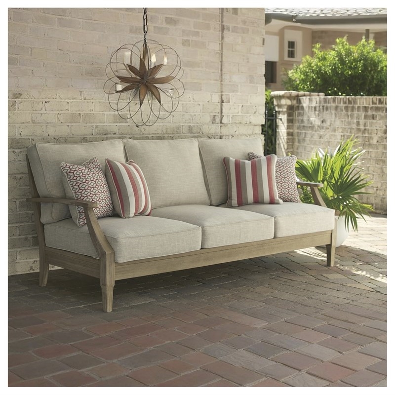 Afuera Living Outdoor Patio Eucalyptus Wood and Polyester Sofa in Beige