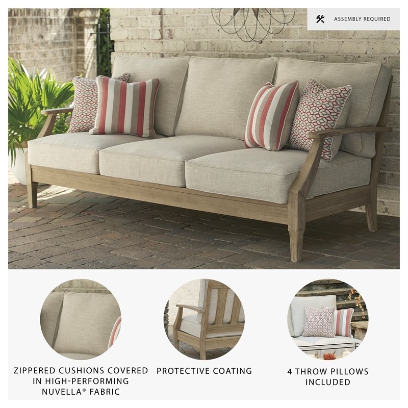 Afuera Living Outdoor Patio Eucalyptus Wood and Polyester Sofa in Beige
