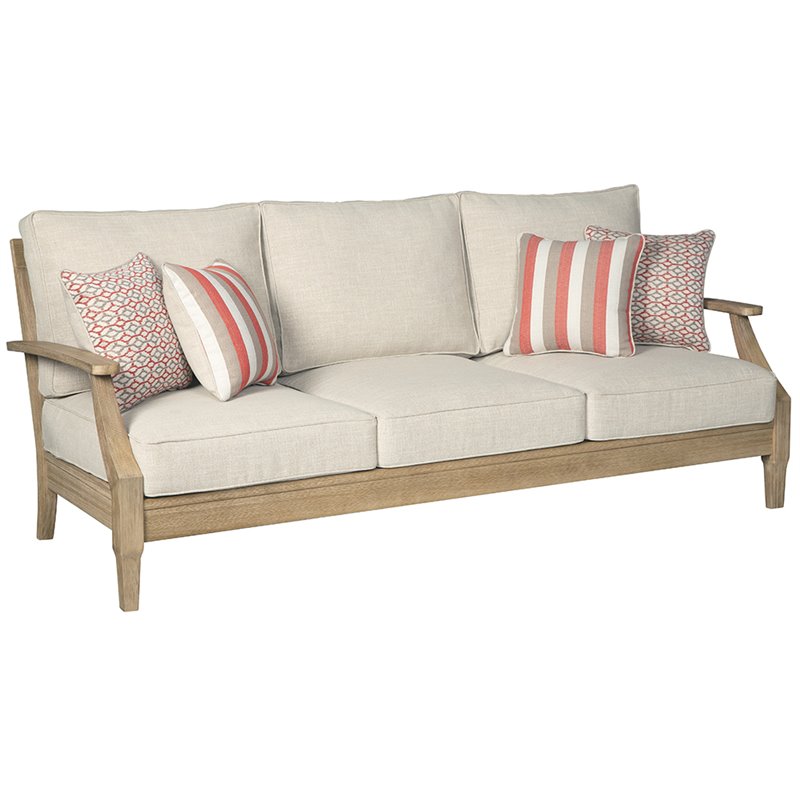 Afuera Living Outdoor Patio Eucalyptus Wood and Polyester Sofa in Beige