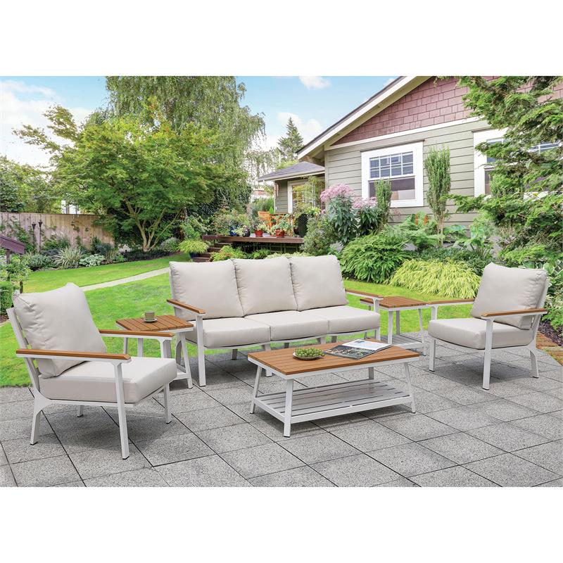 Afuera Living Aluminum Padded Seat Patio Sofa in White and Oak