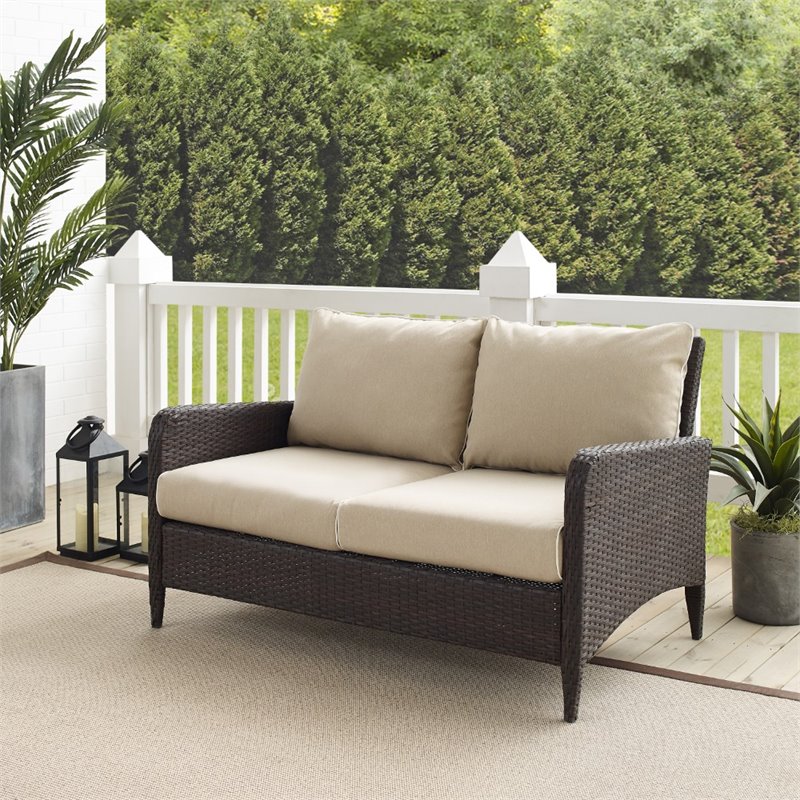 Afuera Living Outdoor Flat Brown Wicker Loveseat with Beige Cushions