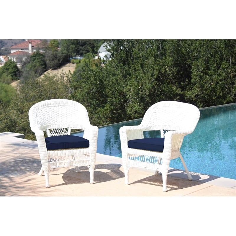 Afuera Living Wicker / Rattan Chair with Cushion in White/Blue (Set of 2)