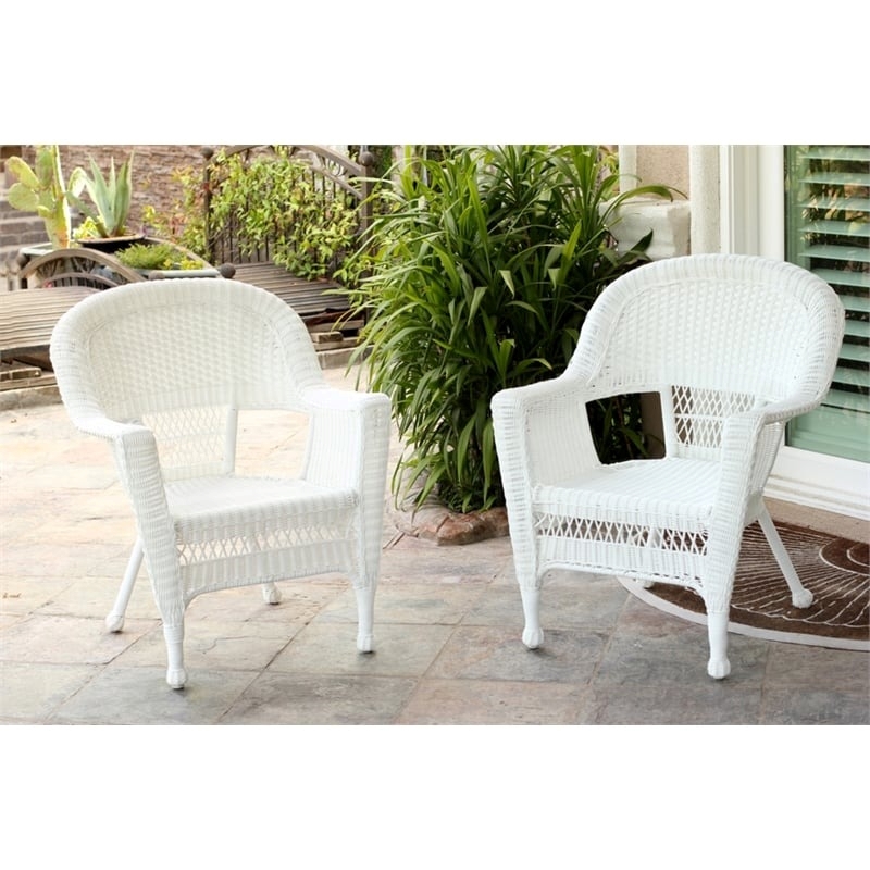 Afuera Living Wicker / Rattan Chair with Cushion in White/Blue (Set of 2)