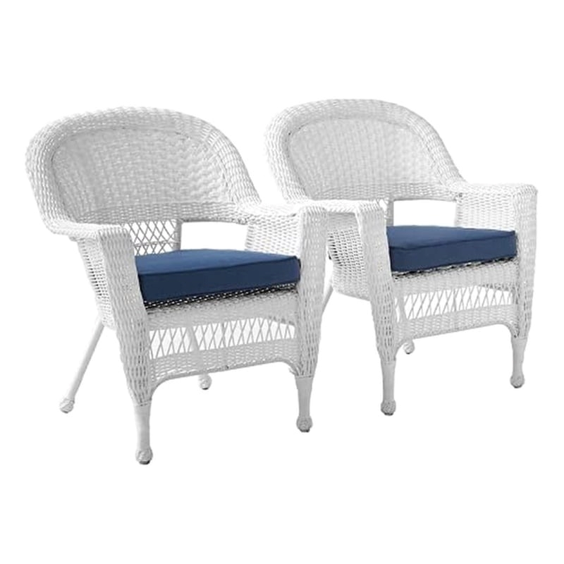 Afuera Living Wicker / Rattan Chair with Cushion in White/Blue (Set of 2)