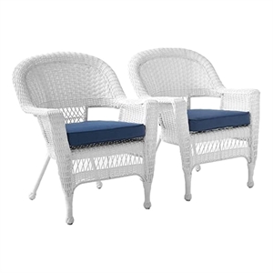 Afuera Living Wicker / Rattan Chair with Cushion in White/Blue (Set of 2)