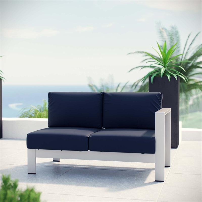 Afuera Living Modern Aluminum Outdoor Right Arm Corner Loveseat in Navy/Silver