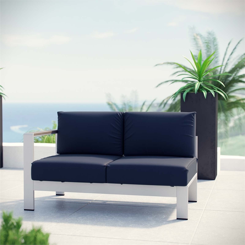 Afuera Living Modern Aluminum Outdoor Left Arm Loveseat in Navy/Silver