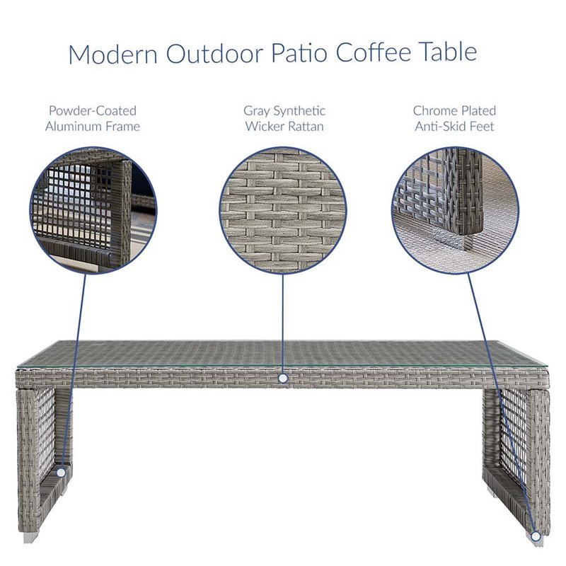 Afuera Living Glass Top Patio Coffee Table in Gray