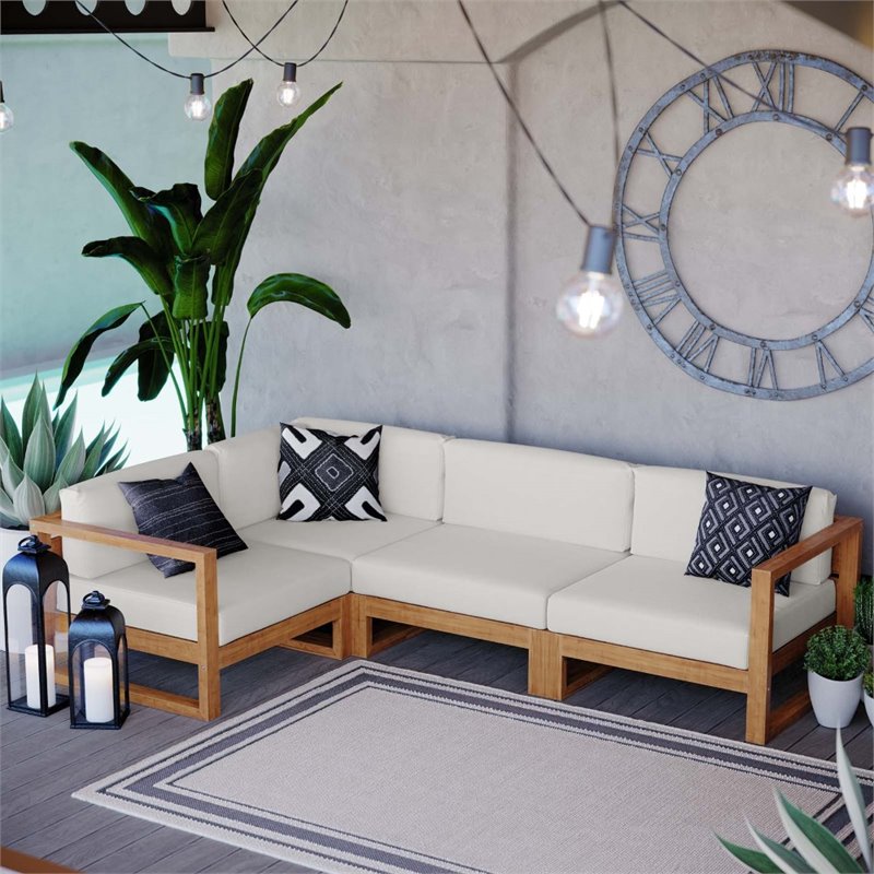 Afuera Living 4 Piece Solid Teak Wood Patio Sectional in Natural and White