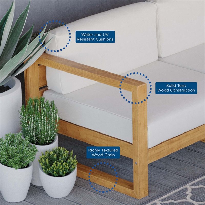 Afuera Living 3 Piece Solid Teak Wood Patio Sofa in Natural and White