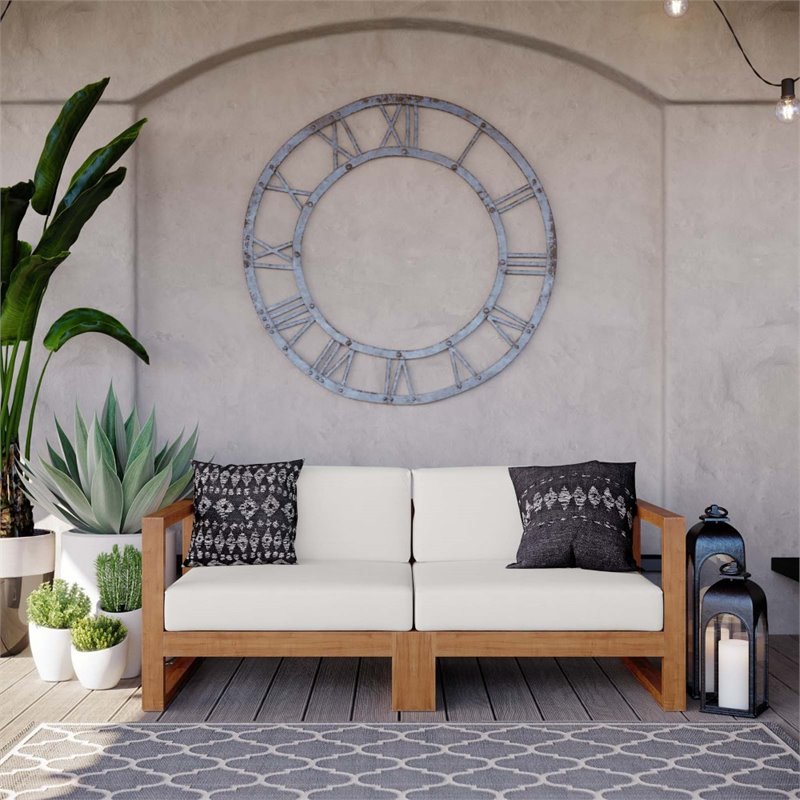 Afuera Living 2 Piece Solid Teak Wood Patio Loveseat in Natural and White