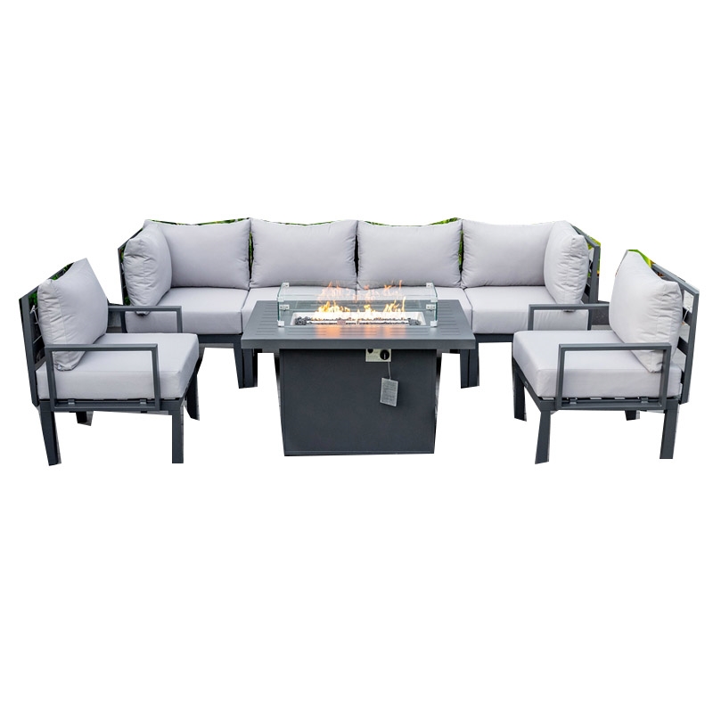 Afuera Living 7-Piece Fabric & Aluminum Sectional and Fire Pit Table in Gray