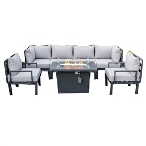 Afuera Living 7-Piece Fabric & Aluminum Sectional and Fire Pit Table in Gray