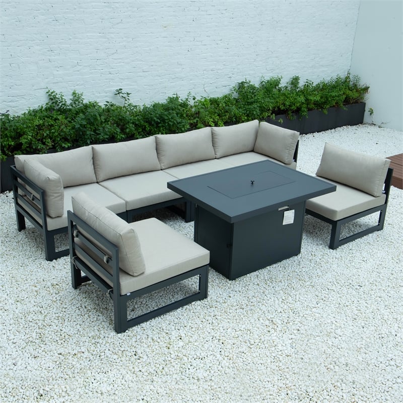 Afuera Living 7-Piece Fabric/Aluminum Sectional & Fire Pit Table in Beige/Black