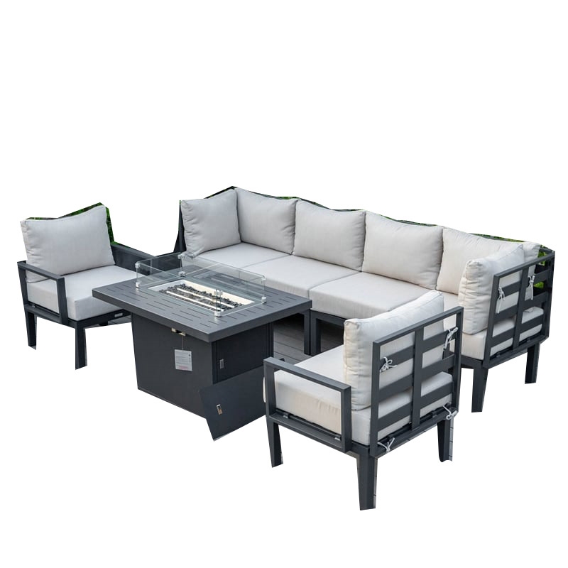Afuera Living 7-Piece Fabric/Aluminum Sectional & Fire Pit Table in Beige/Black