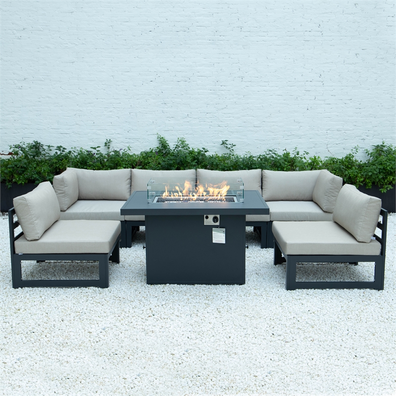 Afuera Living 7-Piece Fabric/Aluminum Sectional & Fire Pit Table in Beige/Black