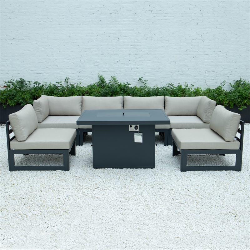 Afuera Living 7-Piece Fabric/Aluminum Sectional & Fire Pit Table in Beige/Black