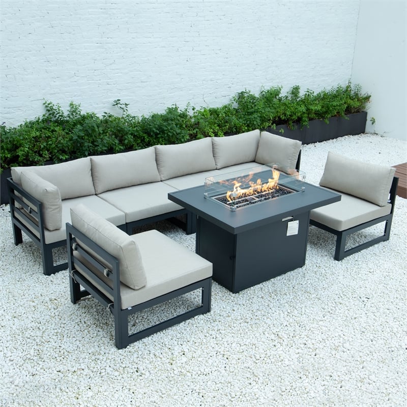 Afuera Living 7-Piece Fabric/Aluminum Sectional & Fire Pit Table in Beige/Black