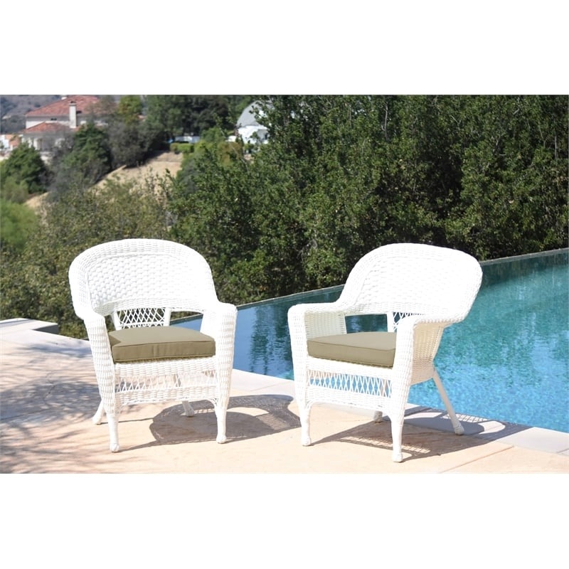 Afuera Living Wicker / Rattan Chair with Cushion in White/Tan (Set of 2)